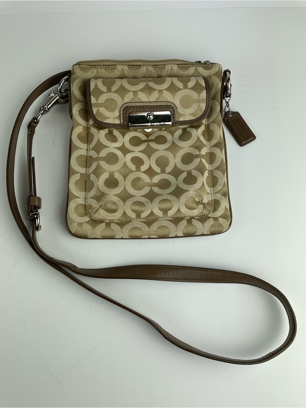Coach Signature Op Art Khaki Crossbody Bag Brown Leather Trim Silver Hardware